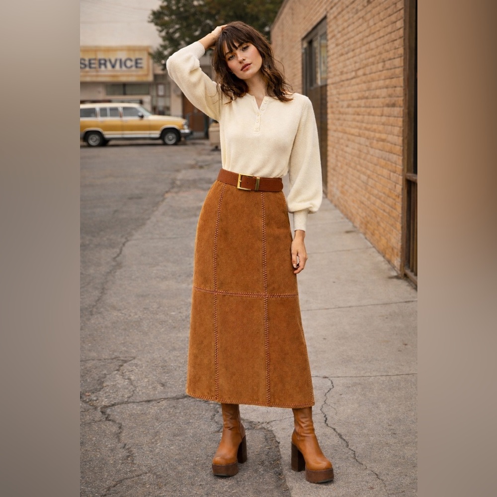 Vintage Brown Suede Midi Skirt